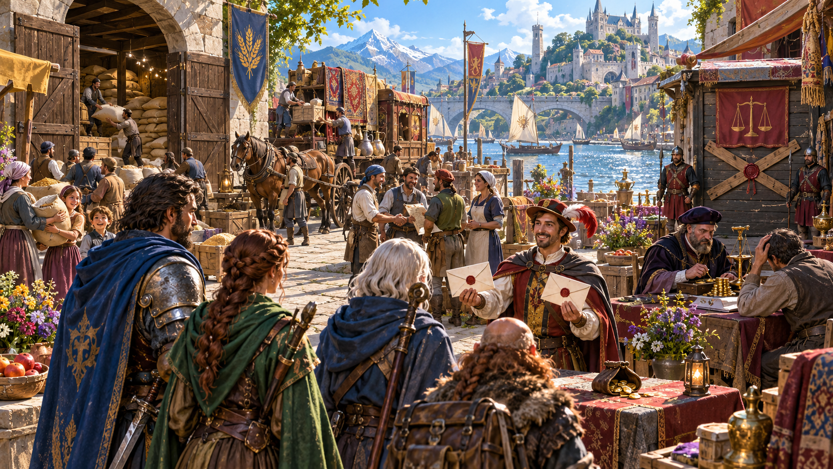 Fantasy illustration of a party receiving two sealed letters beside open and guarded sealed warehouses, with a coin dealer and worried customer