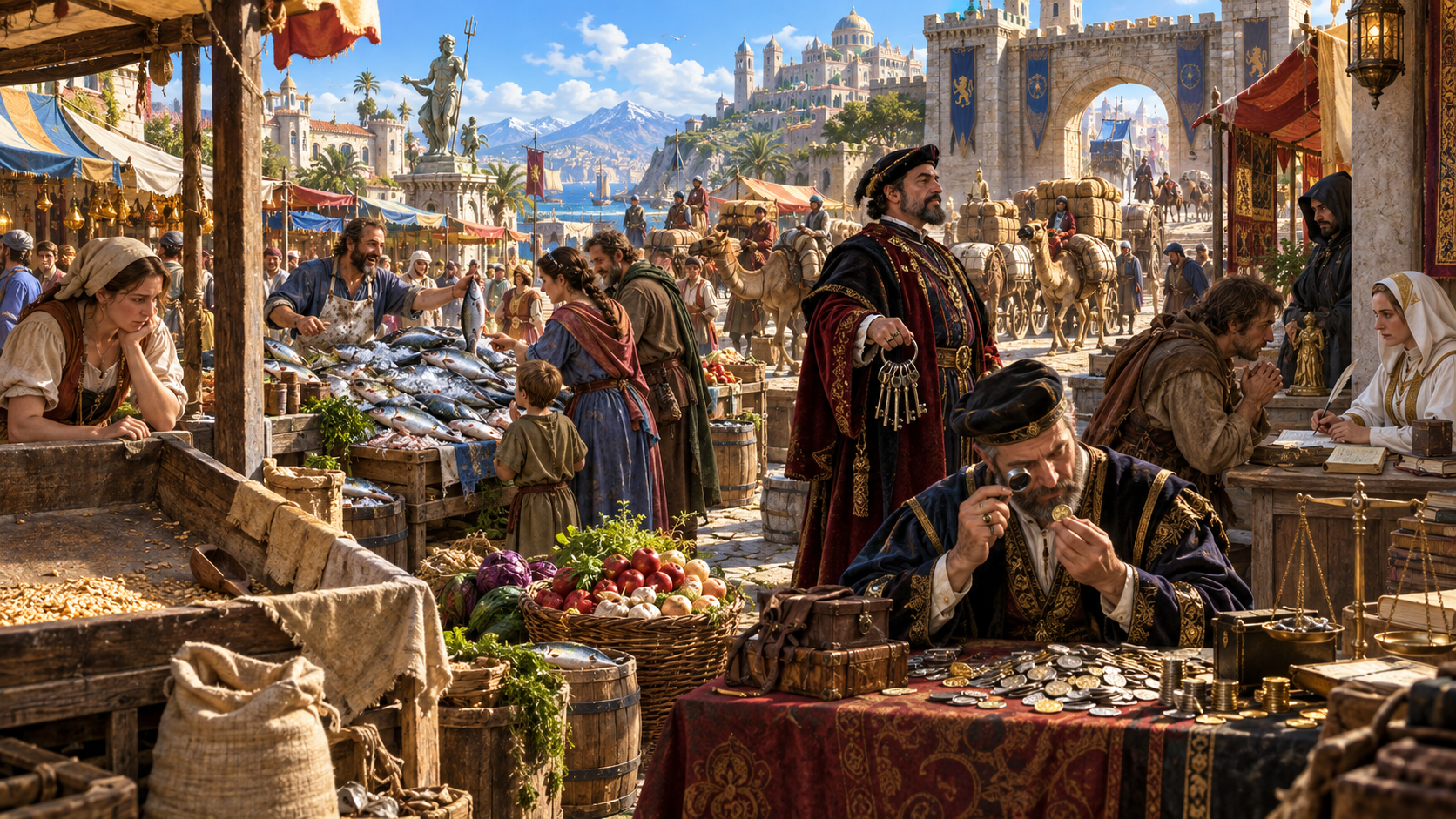Fantasy illustration of an empty grain stall, abundant fish, traders inspecting coins, a debt desk and an incoming caravan
