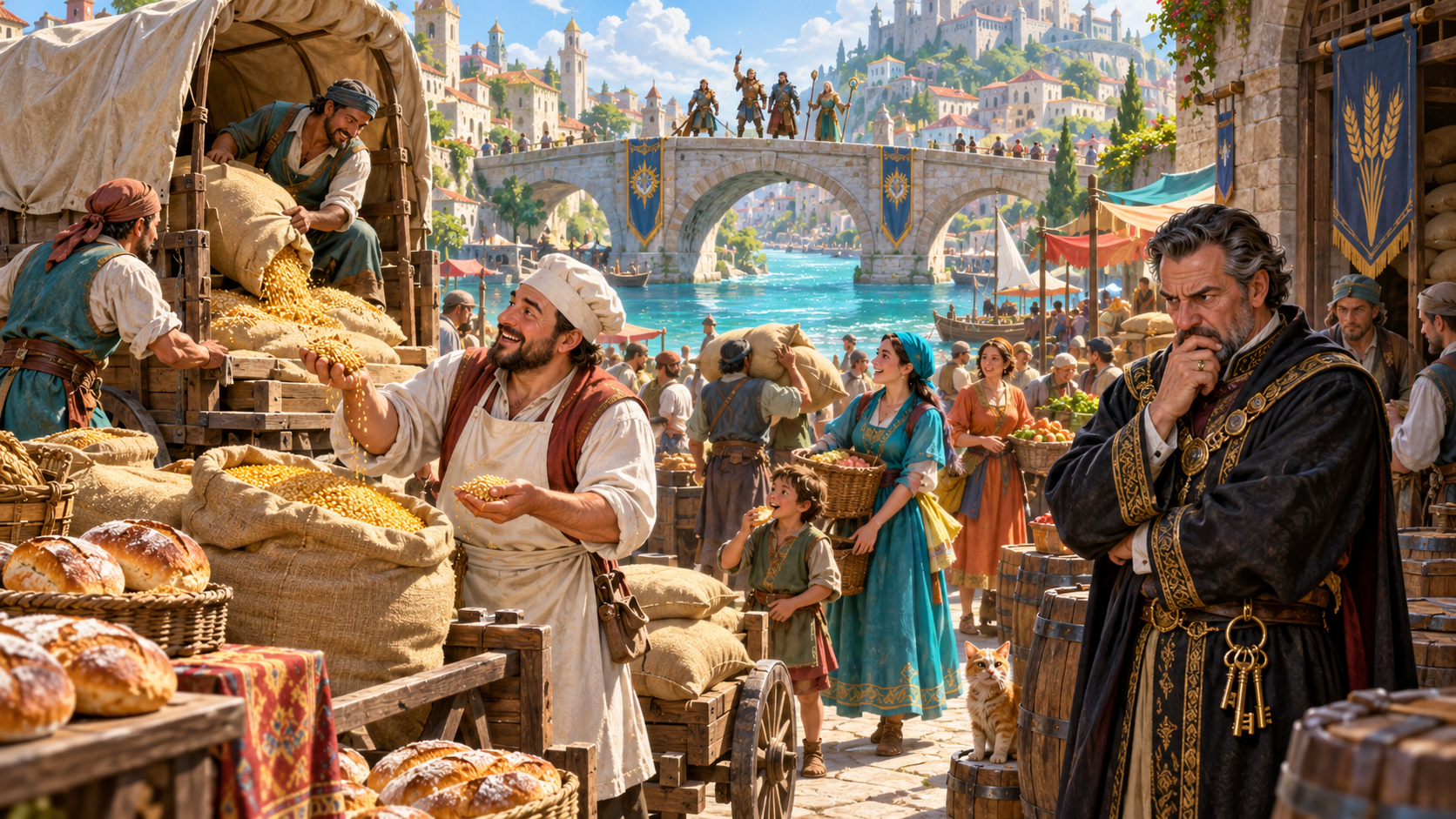 Fantasy illustration of grain arriving at a river market with a delighted baker, shoppers, a thoughtful merchant and a party on the bridge