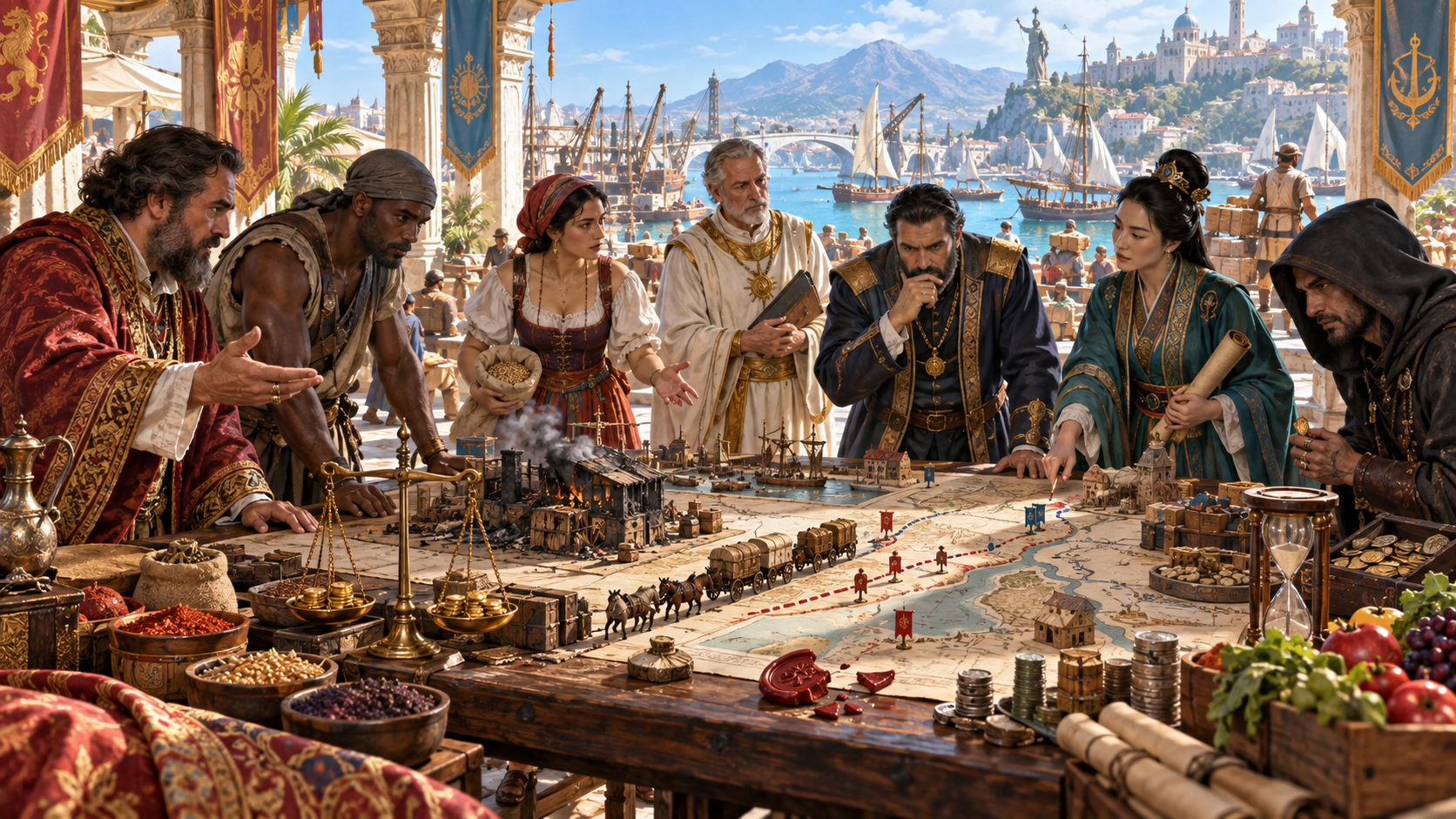 Fantasy illustration of a group discussing a trade map with wagons, damaged buildings, scales, coins and an hourglass beside a busy harbour